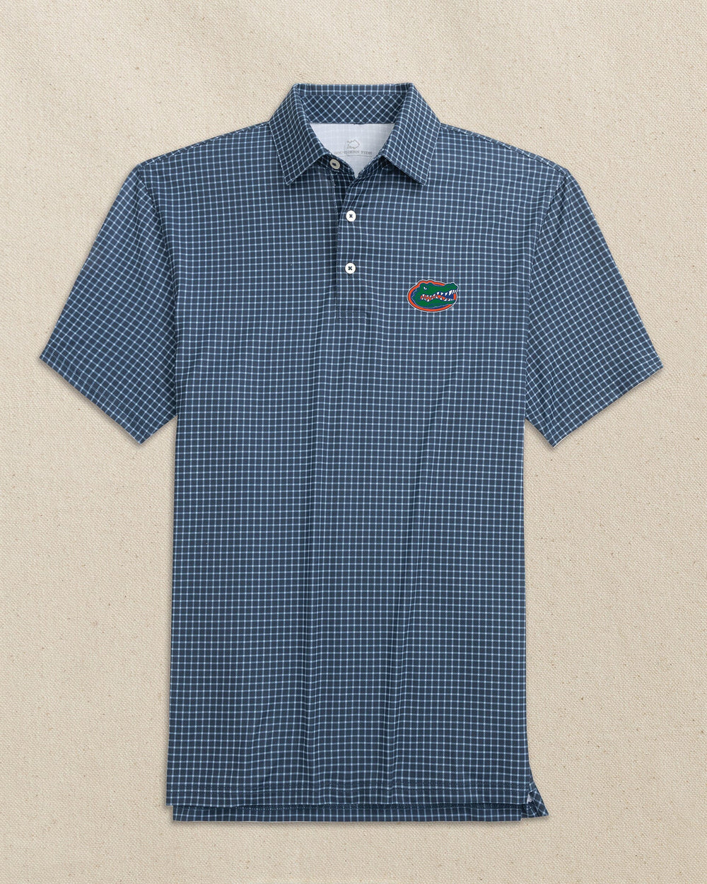 The front view of the Southern Tide Florida Gators Driver Dunes Edge Plaid Polo by Southern Tide - Navy