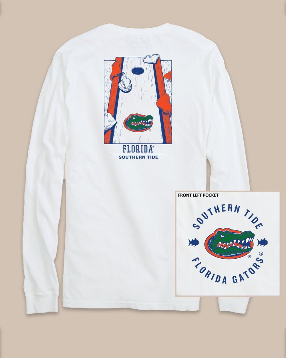 The back view of the Florida Gators Gameday Cornhole Board T-Shirt by Southern Tide - Classic White