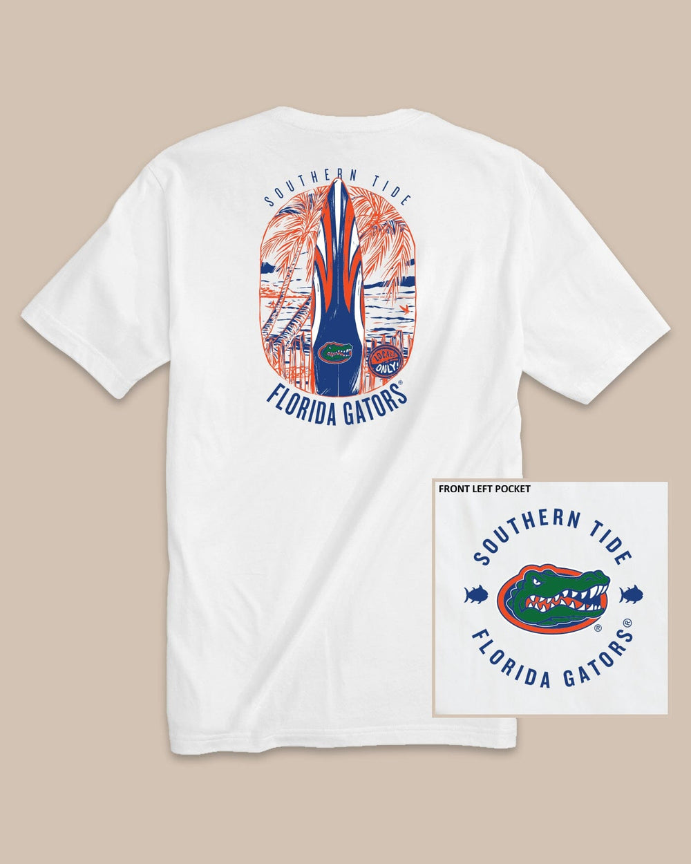 The front view of the Southern Tide Florida Gators Gameday Locals Only T-Shirt by Southern Tide - Classic White