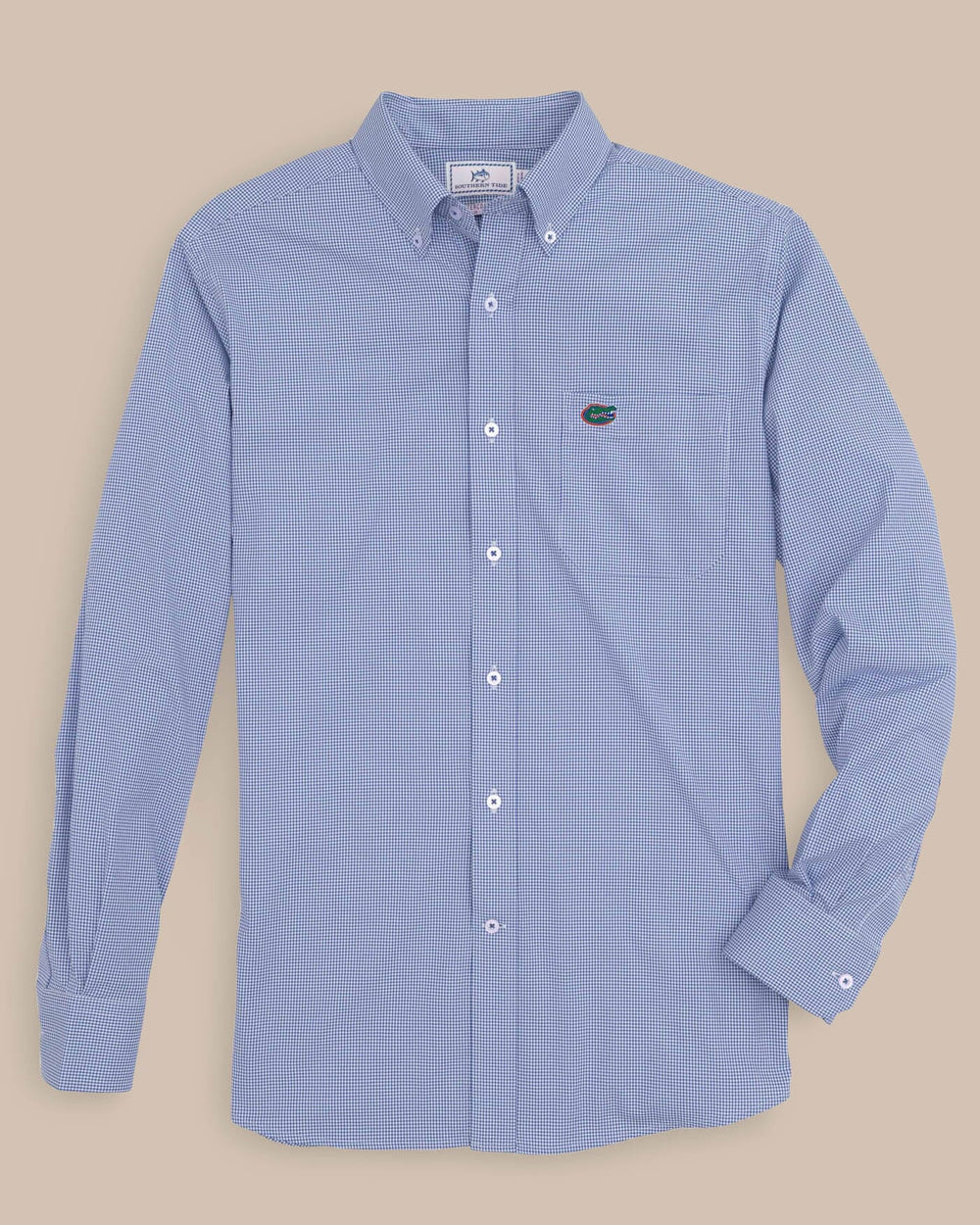 The front view of the Florida Gators Gingham Button Down Shirt by Southern Tide - University Blue