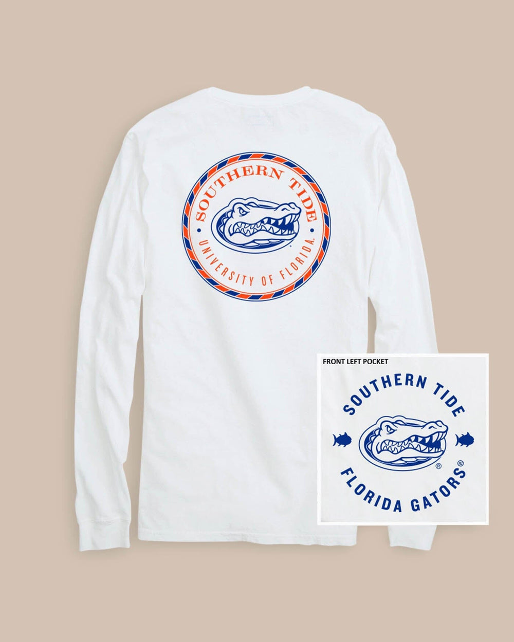 The front and back of the Florida Gators Long Sleeve Medallion Logo T-Shirt by Southern Tide - Classic White