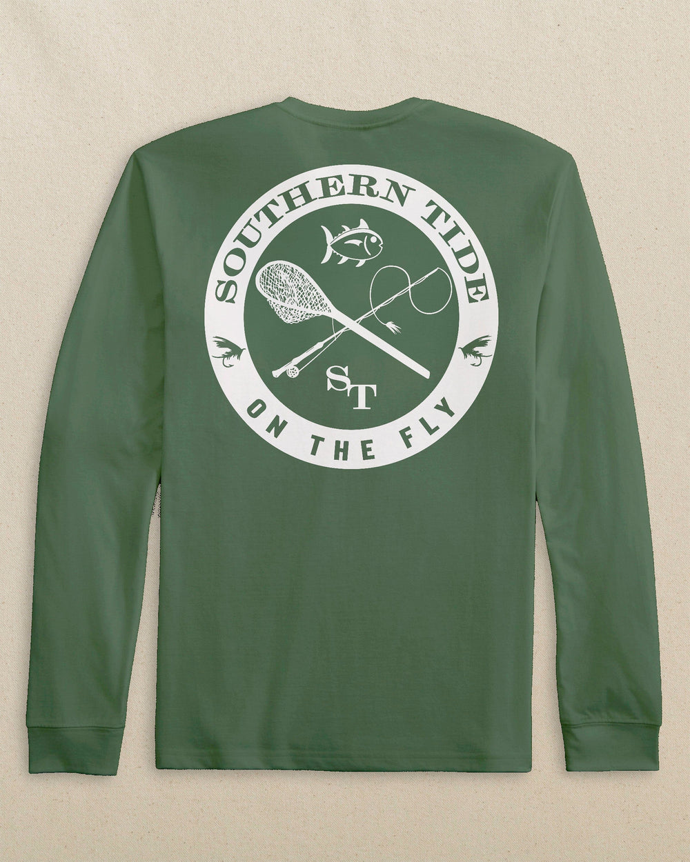 The back view of the Southern Tide Fly Fishing Badge Long Sleeve T-Shirt by Southern Tide - Cedar Green