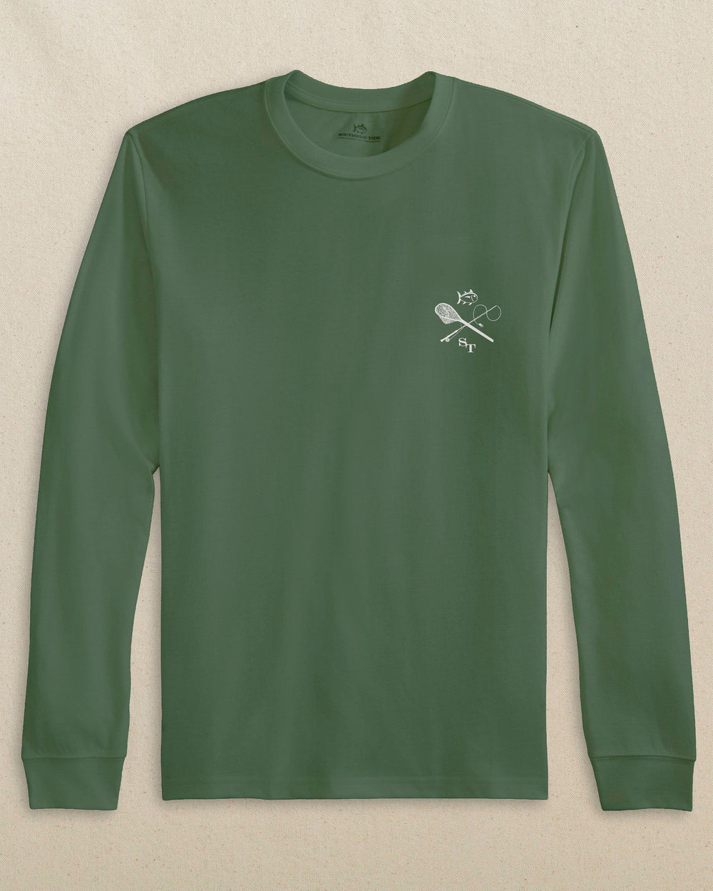 The front view of the Southern Tide Fly Fishing Badge Long Sleeve T-Shirt by Southern Tide - Cedar Green