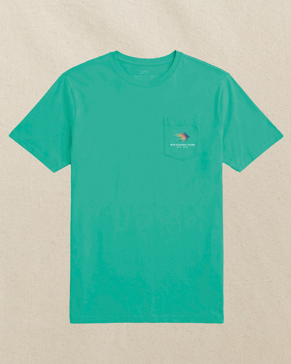 The front view of the Southern Tide Fly Fishing Skipjack Outline Short Sleeve T-Shirt by Southern Tide - Persian Green