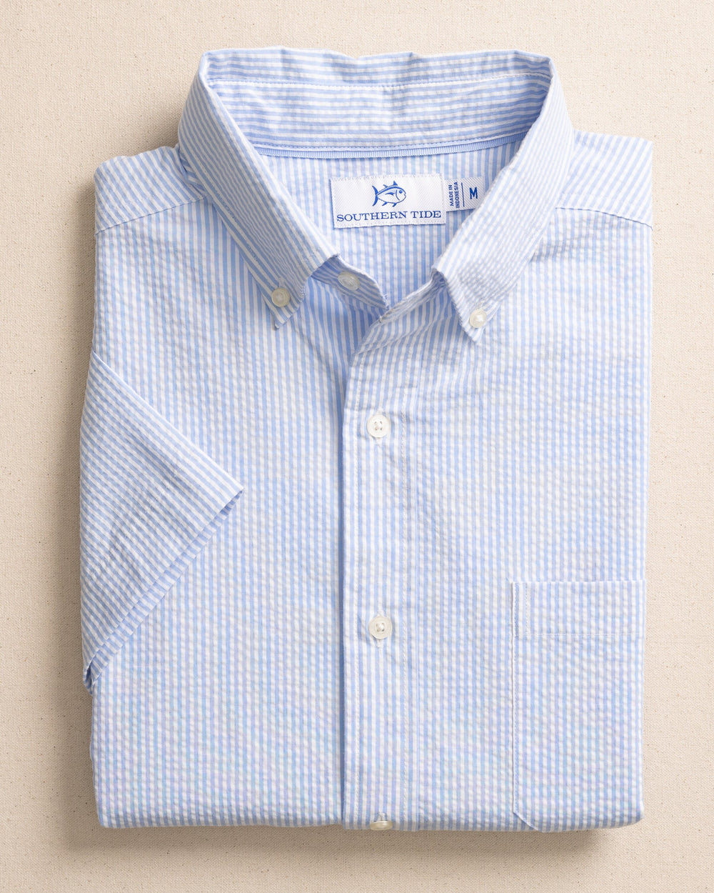 The front view of the Southern Tide Folly Field Stripe Seersucker Short Sleeve Sport Shirt by Southern Tide - Ocean Channel