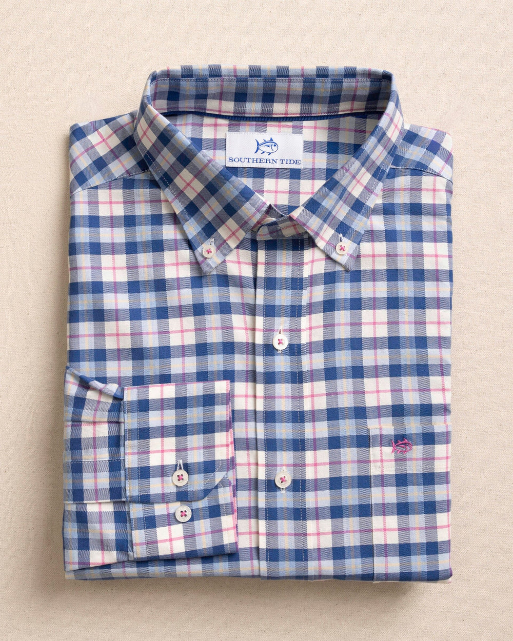 The front view of the Southern Tide Forsyth Park Skipjack Sport Shirt by Southern Tide - Nautical Blue