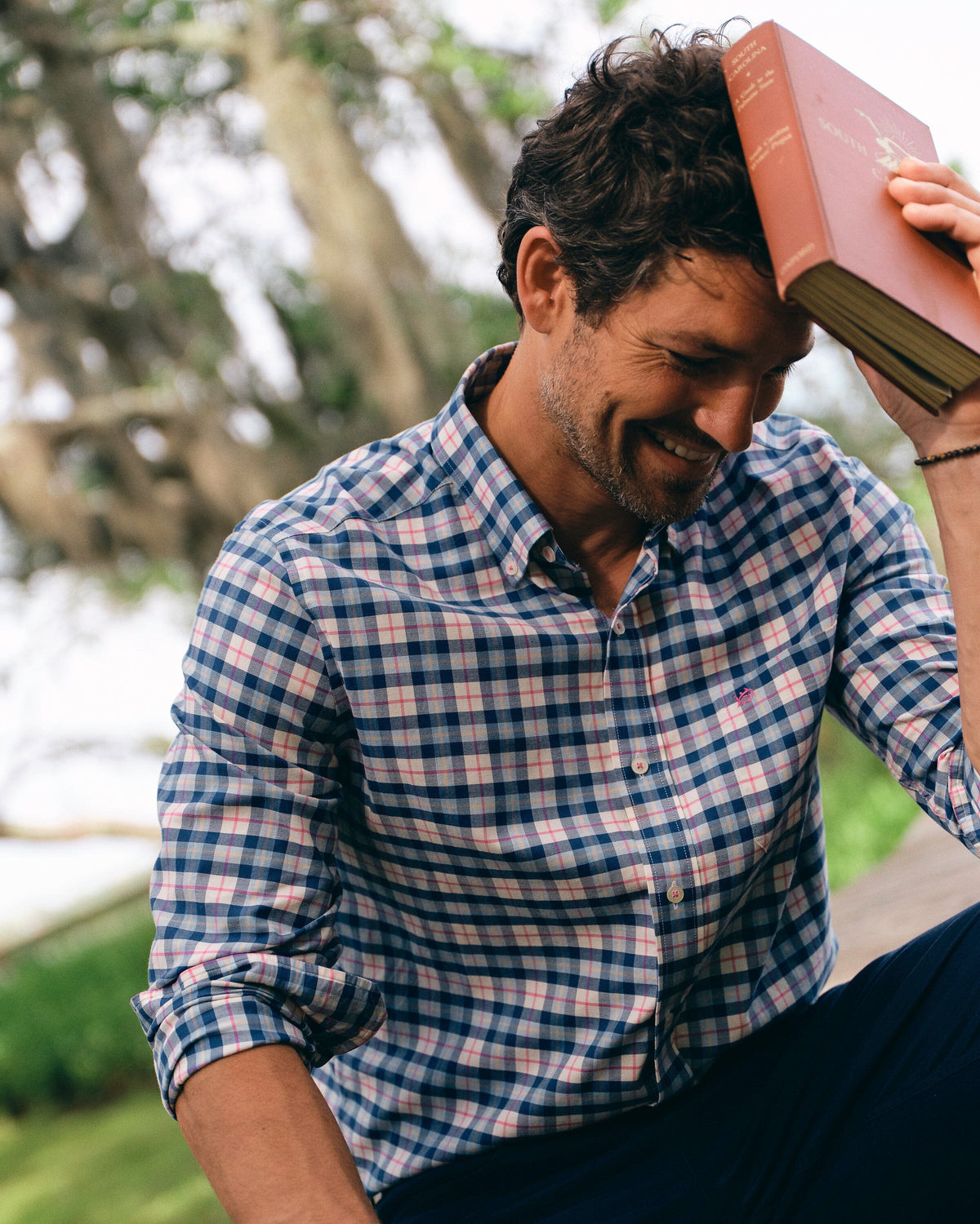 The lifestyle view of the Southern Tide Forsyth Park Skipjack Sport Shirt by Southern Tide - Nautical Blue