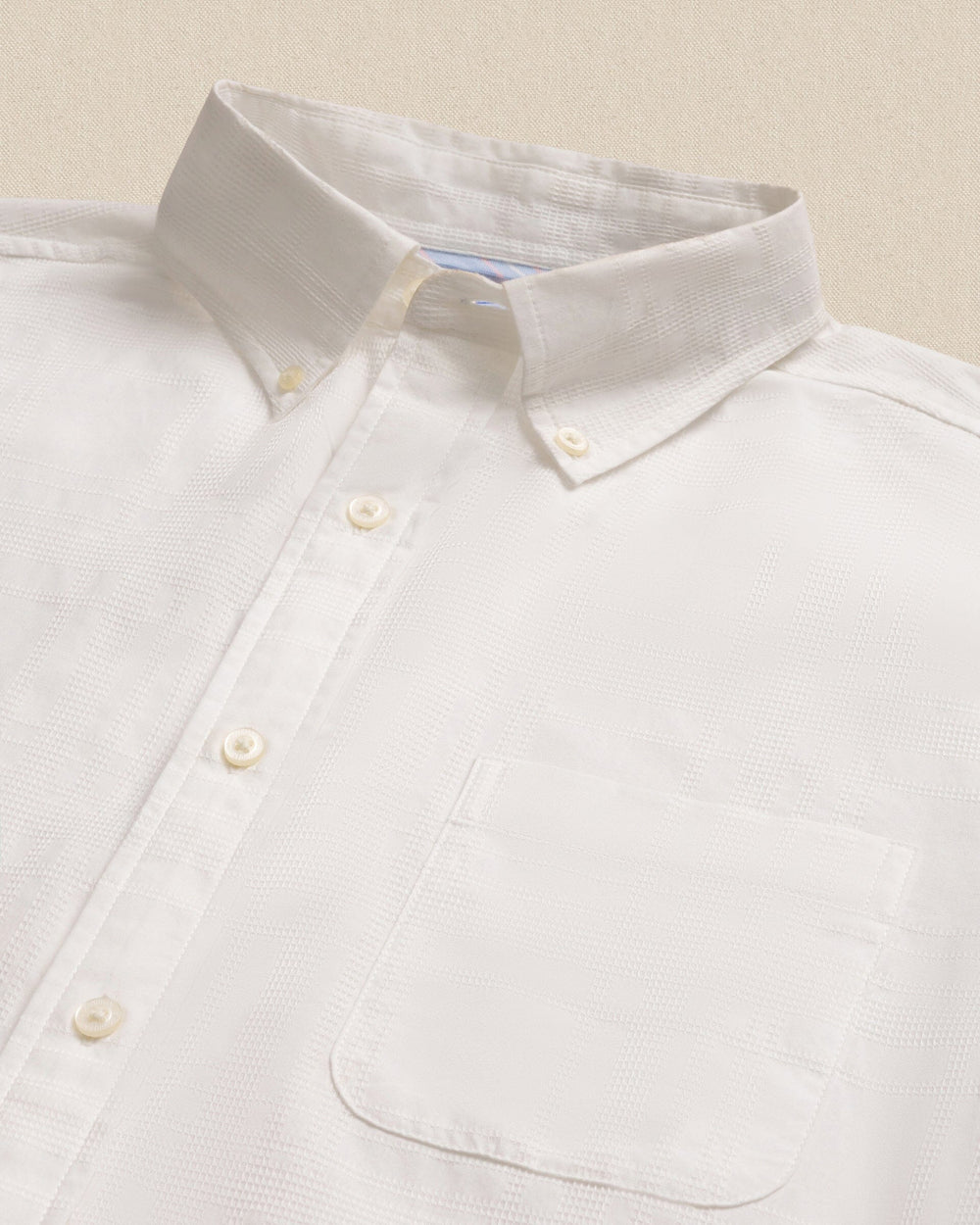 The detail view of the Southern Tide Fort Fisher Textured Short Sleeve Sport Shirt by Southern Tide - Classic White
