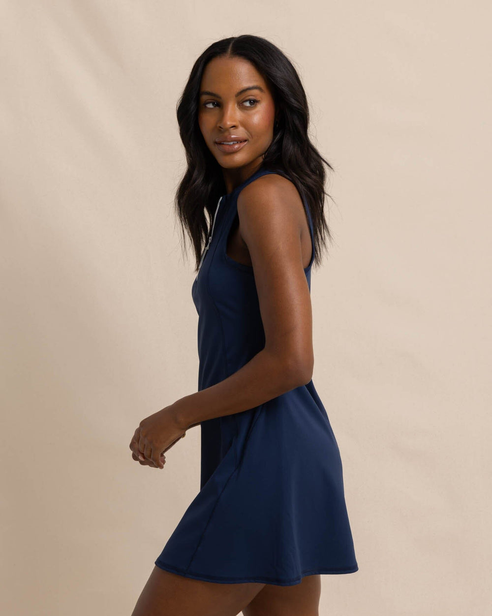 The front view of the Southern Tide Frances Zip Front Performance Dress by Southern Tide - Dress Blue