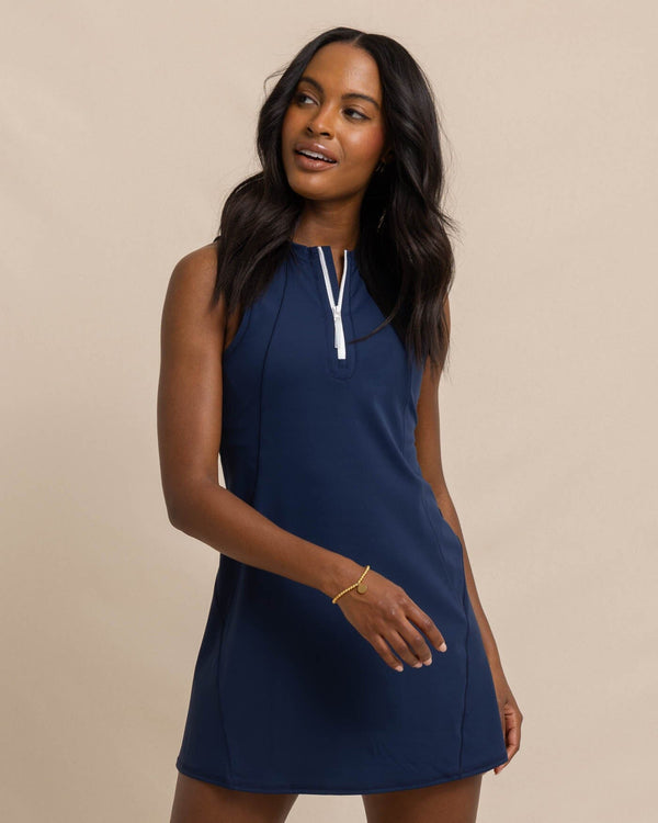 The front view of the Southern Tide Frances Zip Front Performance Dress by Southern Tide - Dress Blue