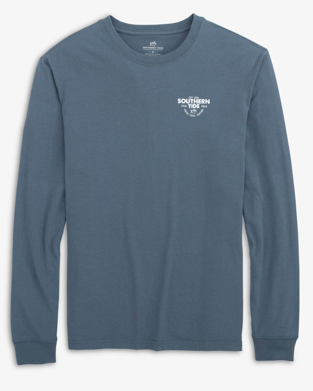 The front view of the Southern Tide Fresh Local Seafood Long Sleeve T-Shirt by Southern Tide - Blue Haze