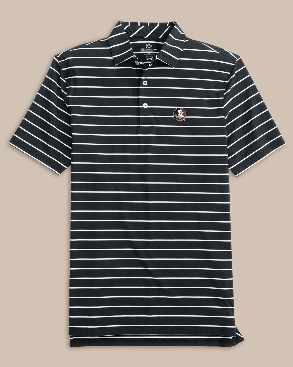 The front view of the FSU Seminoles brrr°®-eeze Desmond Stripe Polo by Southern Tide - Black