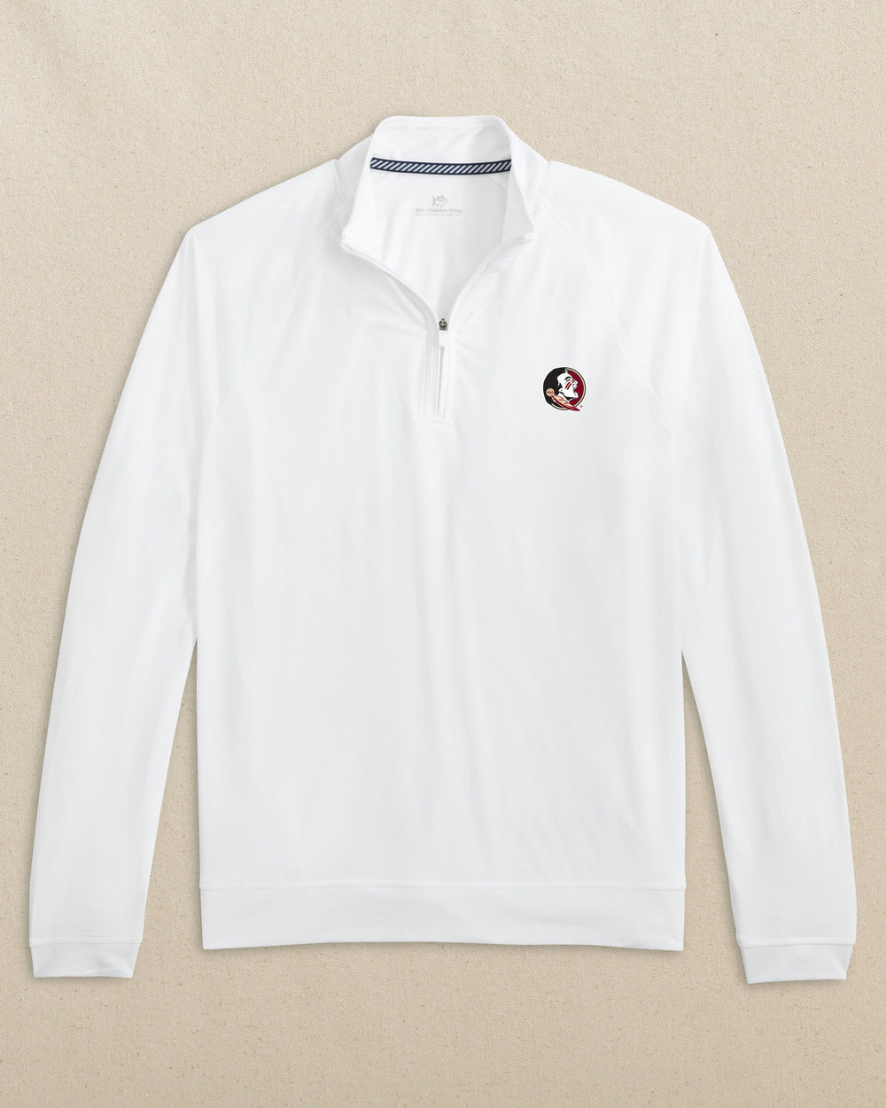 The front view of the Southern Tide FSU Seminoles Cruiser Quarter Zip by Southern Tide - Classic White
