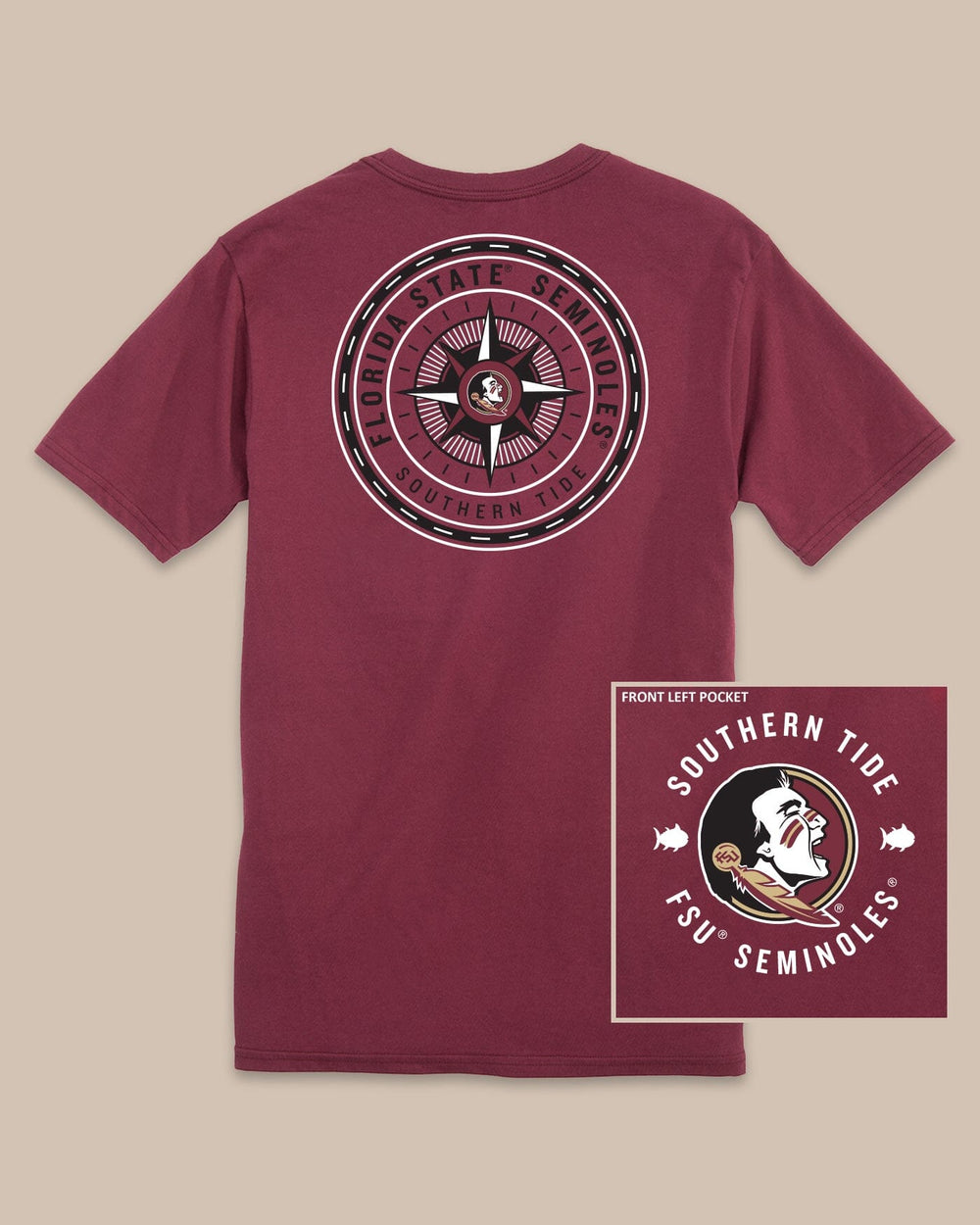 The back view of the FSU Seminoles Gameday Collegiate Compass T-Shirt by Southern Tide - Chianti