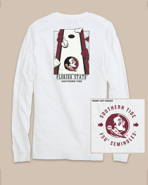 The back view of the FSU Seminoles Gameday Cornhole Board T-Shirt by Southern Tide - Classic White