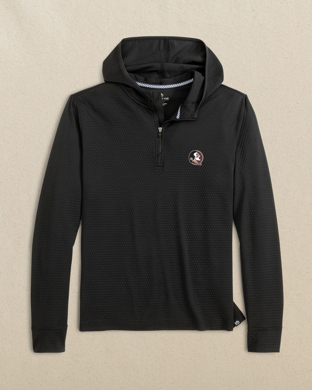 The front view of the FSU Seminoles Scuttle Performance Quarter Zip Hoodie by Southern Tide - Caviar Black