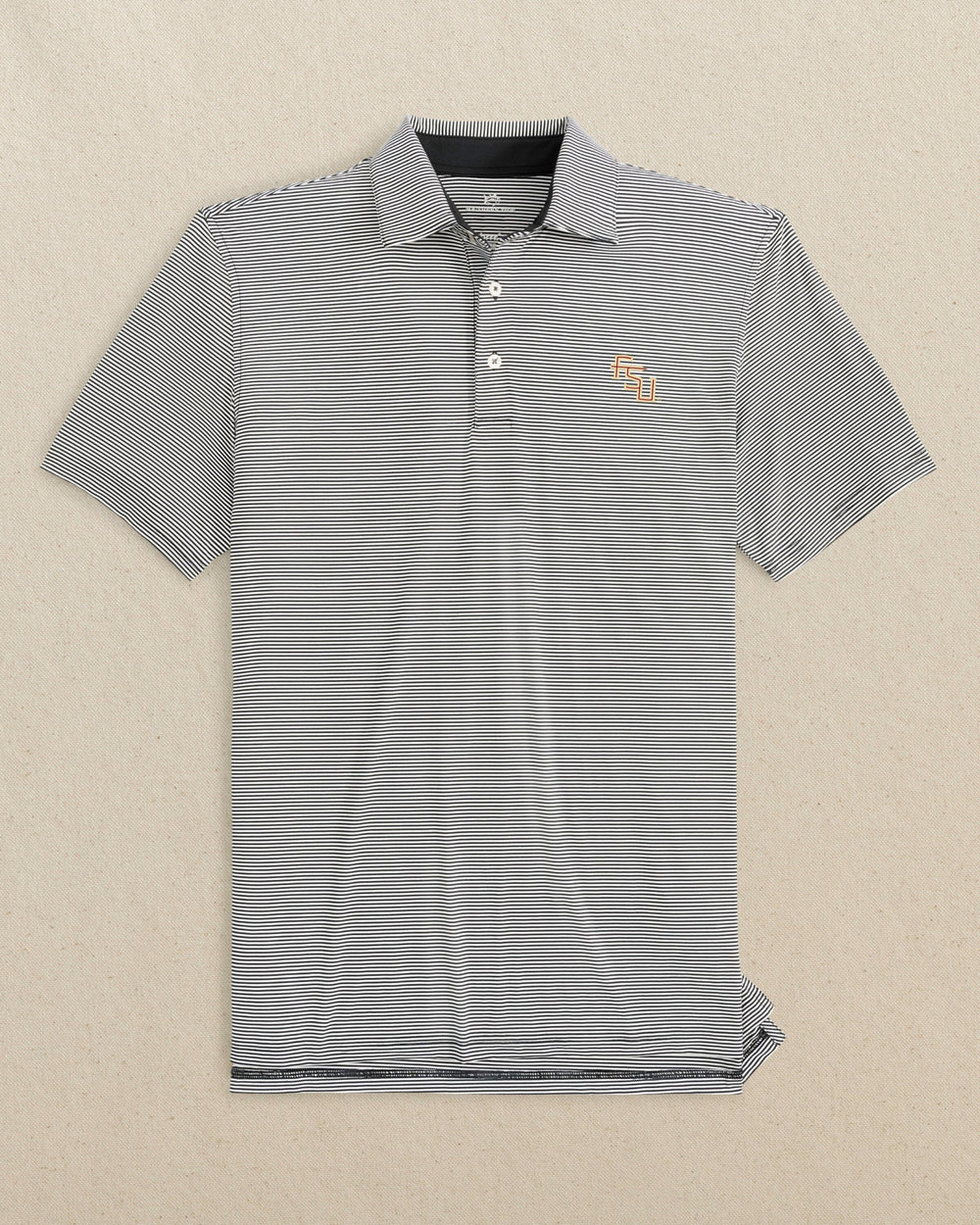 The front view of the Southern Tide FSU Seminoles Stacked brrr°®-eeze Meadowbrook Stripe Polo by Southern Tide - Caviar Black