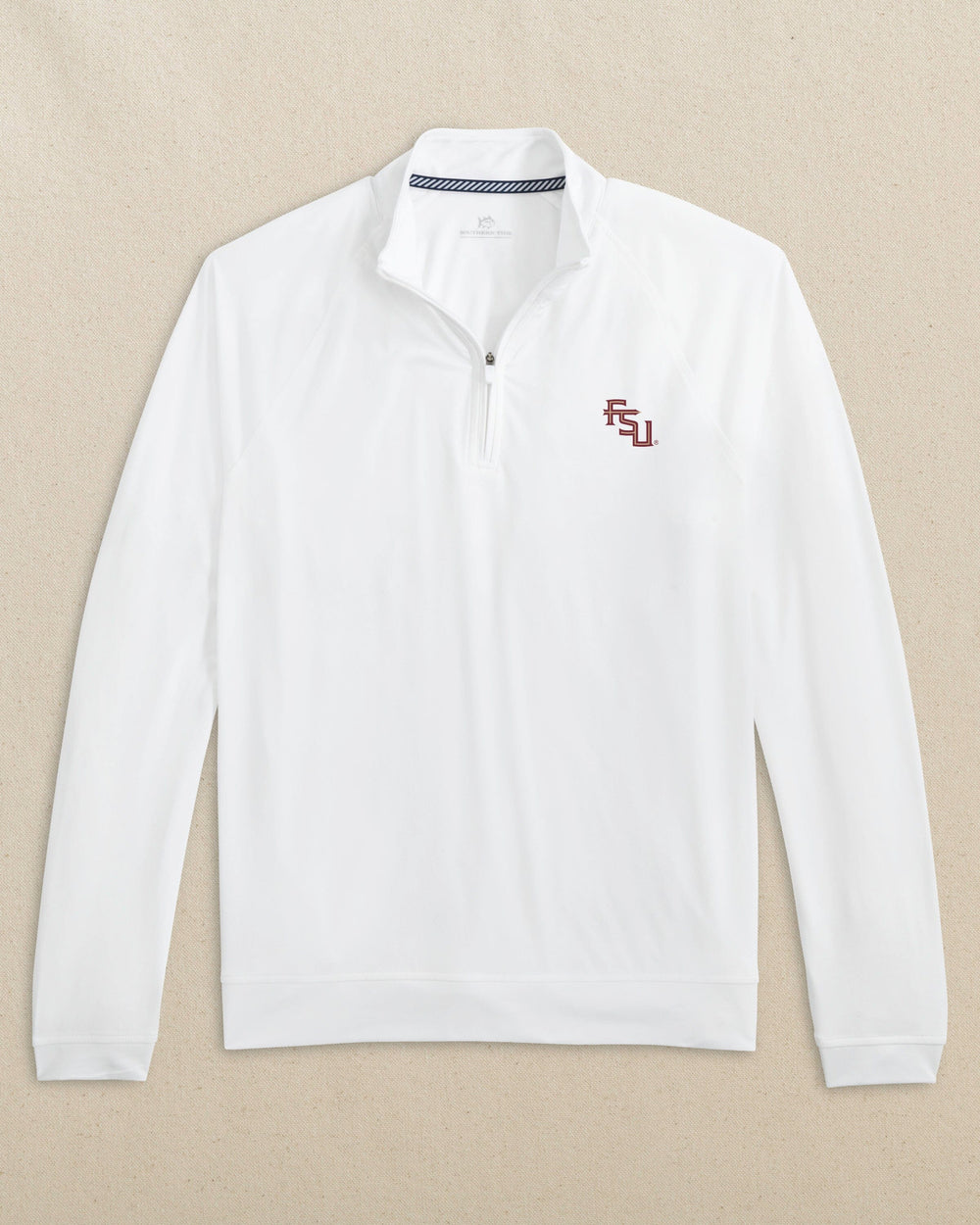 The front view of the Southern Tide FSU Seminoles Stacked Cruiser Quarter Zip by Southern Tide - Classic White
