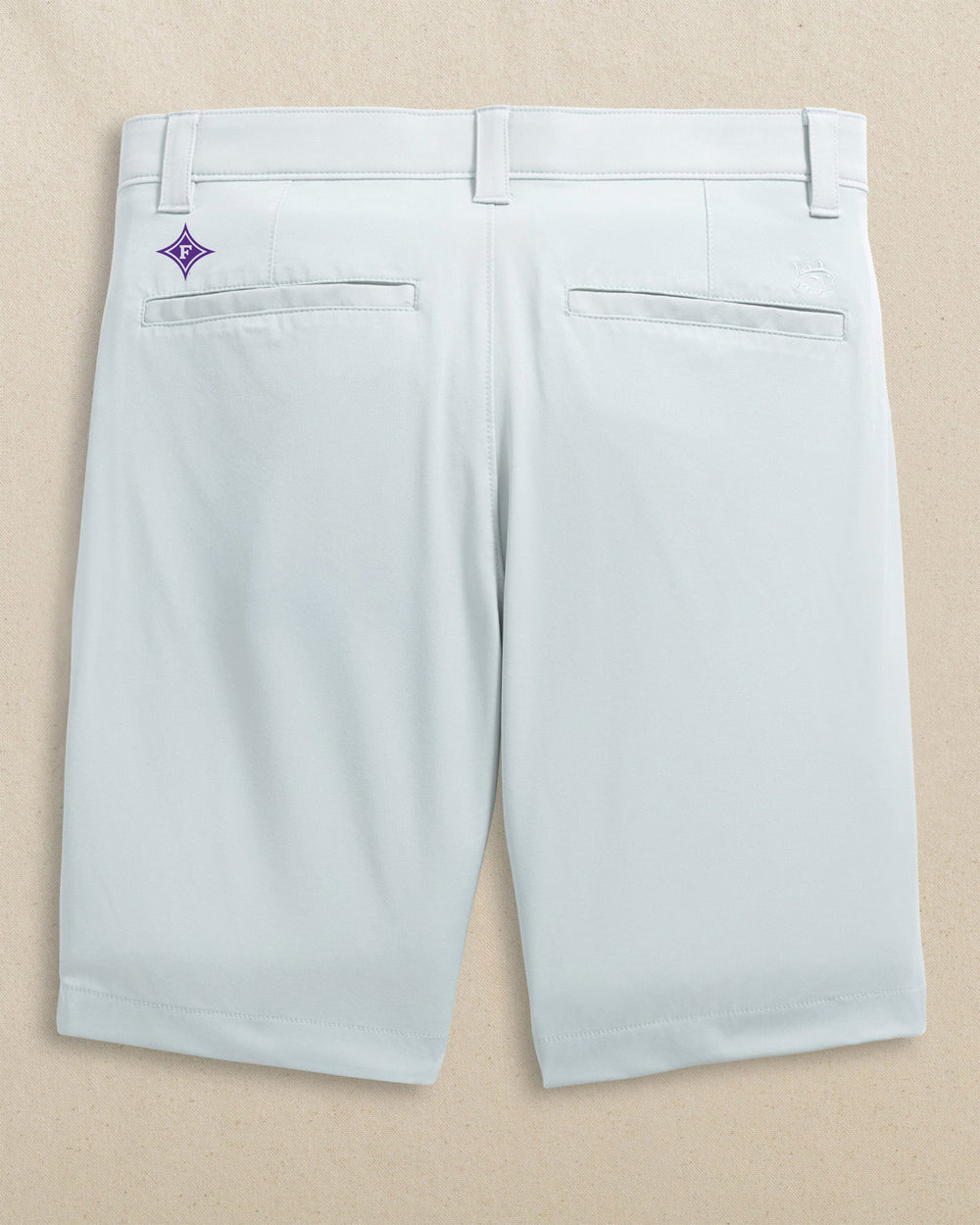 The back view of the Southern Tide Furman Paladins Birdie 8" Coastal Breeze® Performance Short by Southern Tide - Seagull Grey