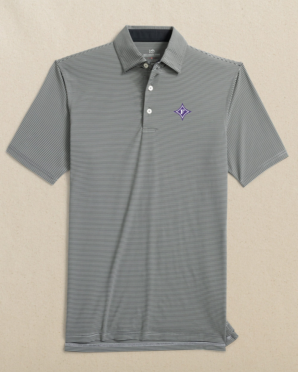 The front view of the Southern Tide Furman Paladins brrr°®-eeze Meadowbrook Stripe Polo by Southern Tide - Steel