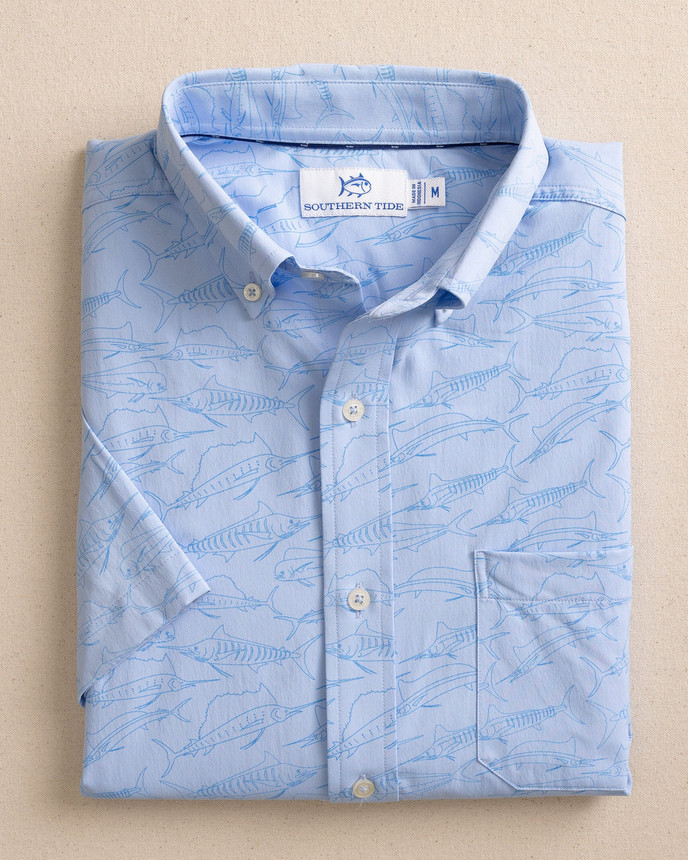 The front view of the Southern Tide Game Fish Intercoastal Short Sleeve Sport Shirt by Southern Tide - Cerulean