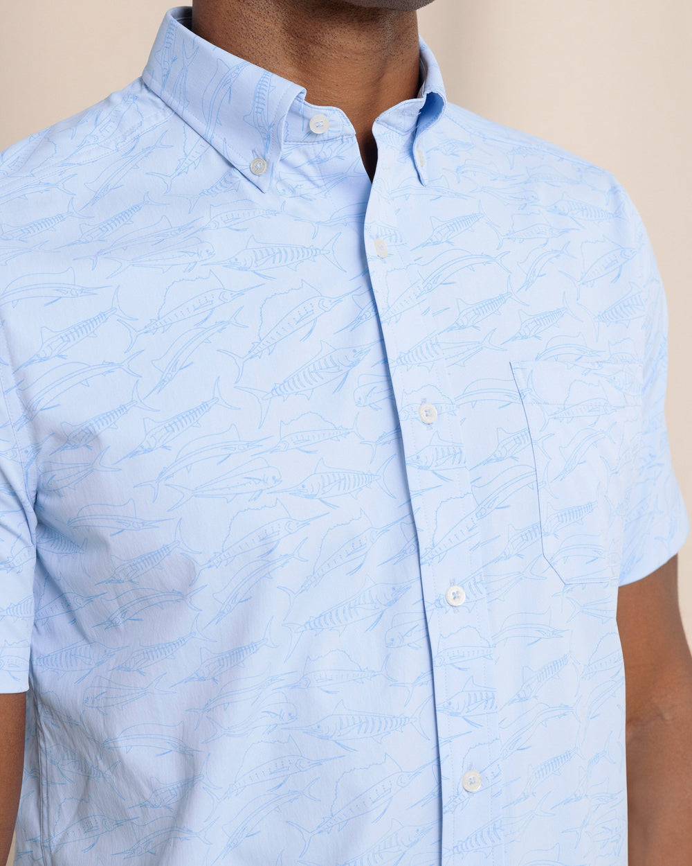 The front detail view of the Southern Tide Game Fish Intercoastal Short Sleeve Sport Shirt by Southern Tide - Cerulean