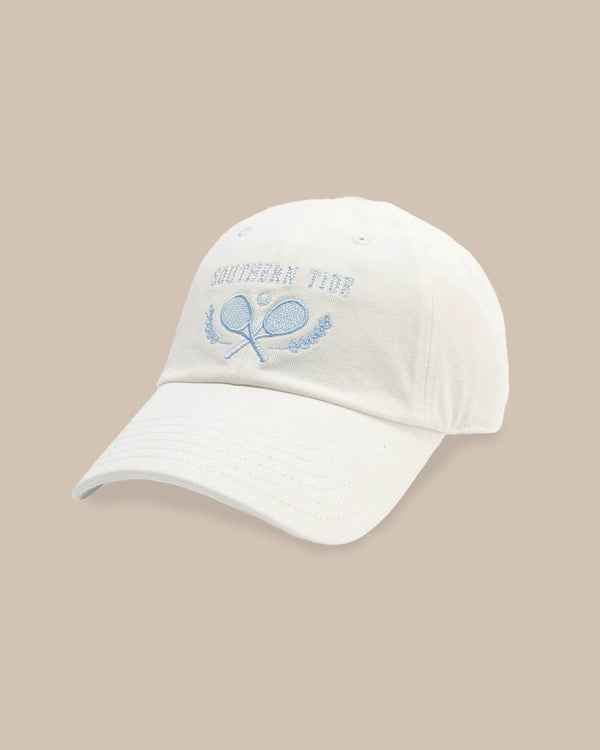 The front view of the Southern Tide Game Set Match Leather Strap Hat by Southern Tide - White