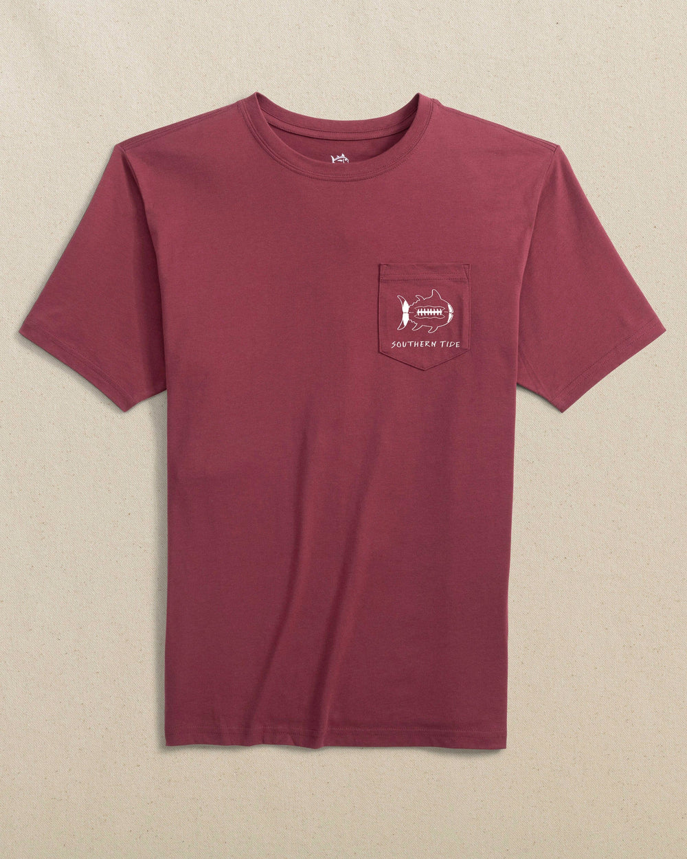 The front view of the Southern Tide Gameday Football Short Sleeve T-Shirt by Southern Tide - Chianti and White