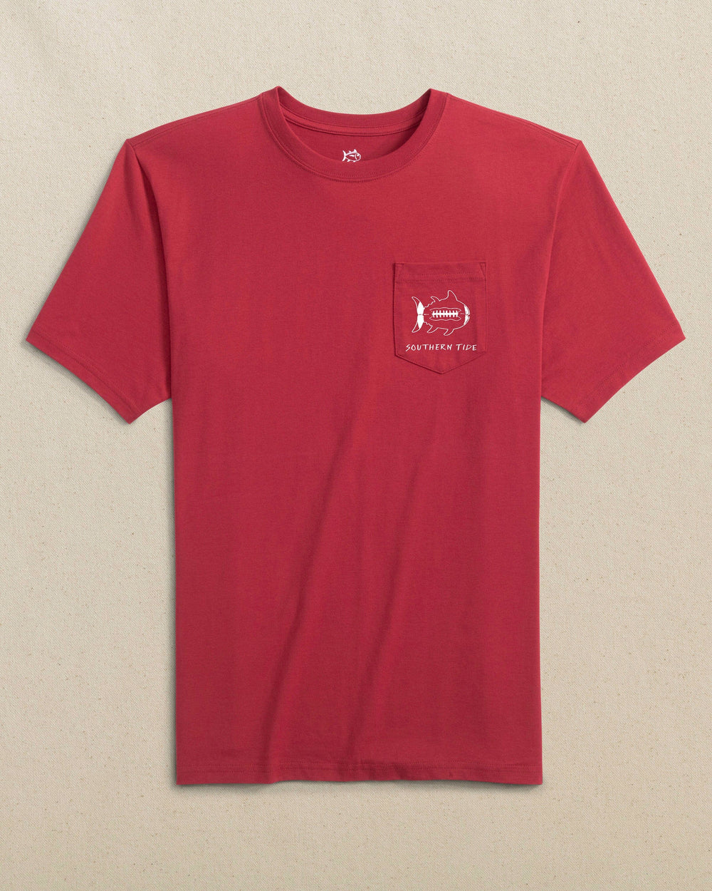 The front view of the Southern Tide Gameday Football Short Sleeve T-Shirt by Southern Tide - Crimson and White