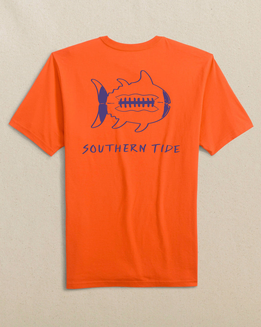 The back view of the Southern Tide Gameday Football Short Sleeve T-Shirt by Southern Tide - Endzone Orange and Regal Purple