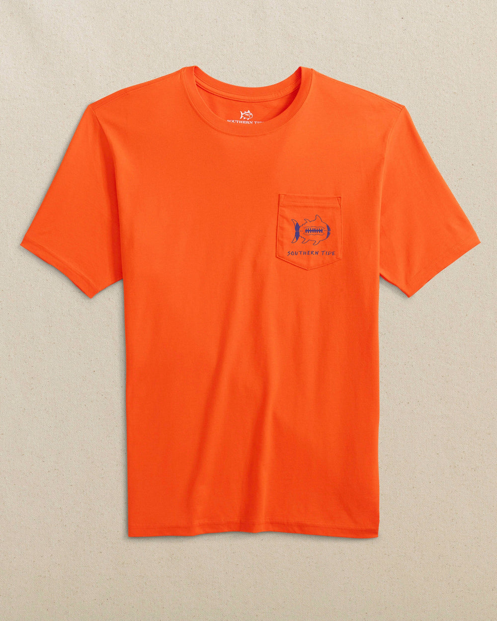 The front view of the Southern Tide Gameday Football Short Sleeve T-Shirt by Southern Tide - Endzone Orange and Regal Purple