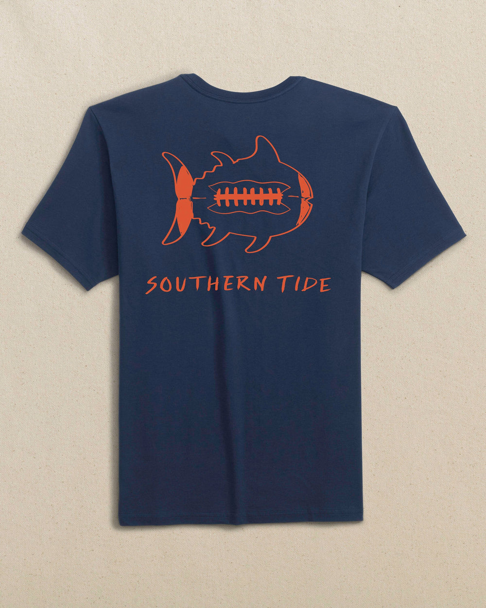 The back view of the Southern Tide Gameday Football Short Sleeve T-Shirt by Southern Tide - Navy and Endzone Orange