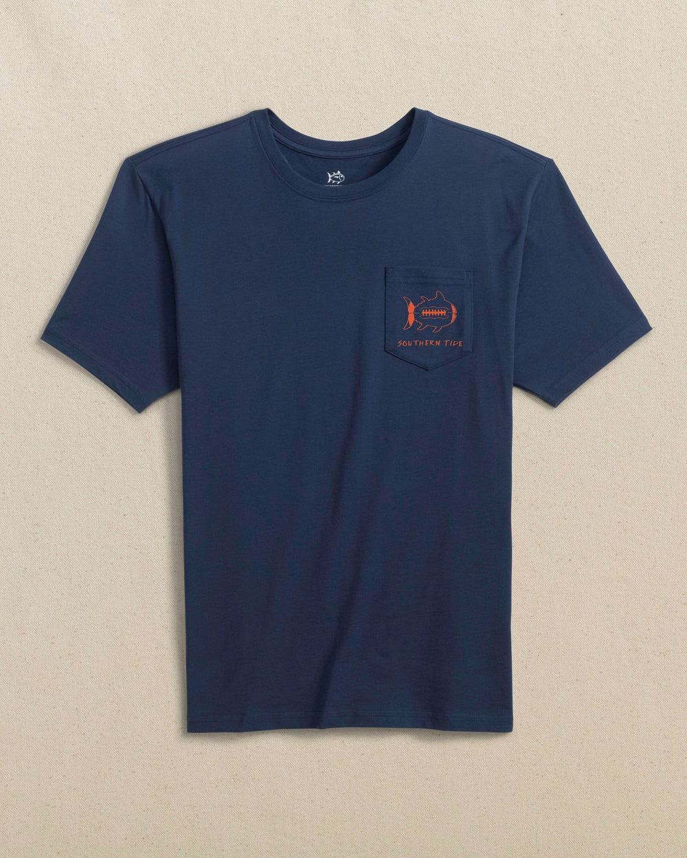 The front view of the Southern Tide Gameday Football Short Sleeve T-Shirt by Southern Tide - Navy and Endzone Orange