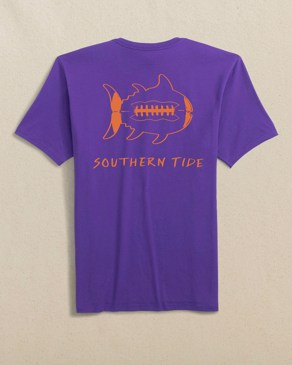 The back view of the Southern Tide Gameday Football Short Sleeve T-Shirt by Southern Tide - Regal Purple and Endzone Orange