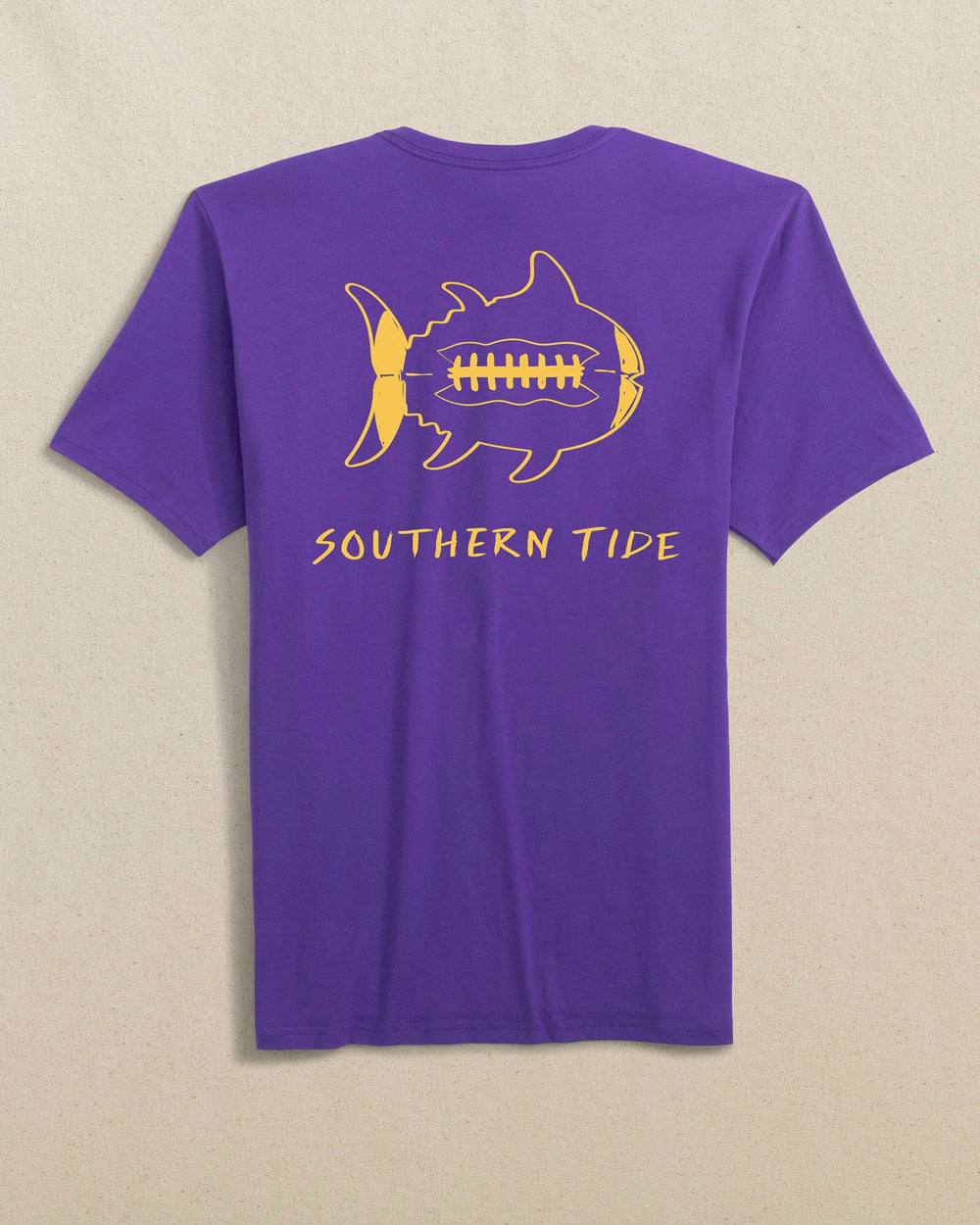 The back view of the Southern Tide Gameday Football Short Sleeve T-Shirt by Southern Tide - Regal Purple and Yellow