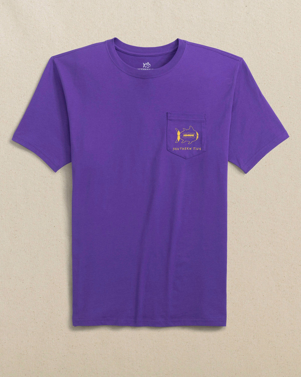 The front view of the Southern Tide Gameday Football Short Sleeve T-Shirt by Southern Tide - Regal Purple and Yellow