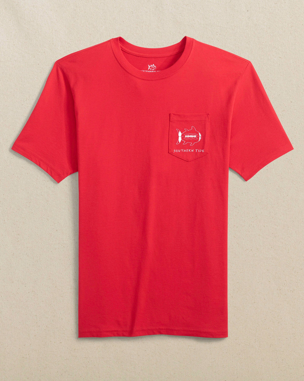The front view of the Southern Tide Gameday Football Short Sleeve T-Shirt by Southern Tide - Varsity Red and White