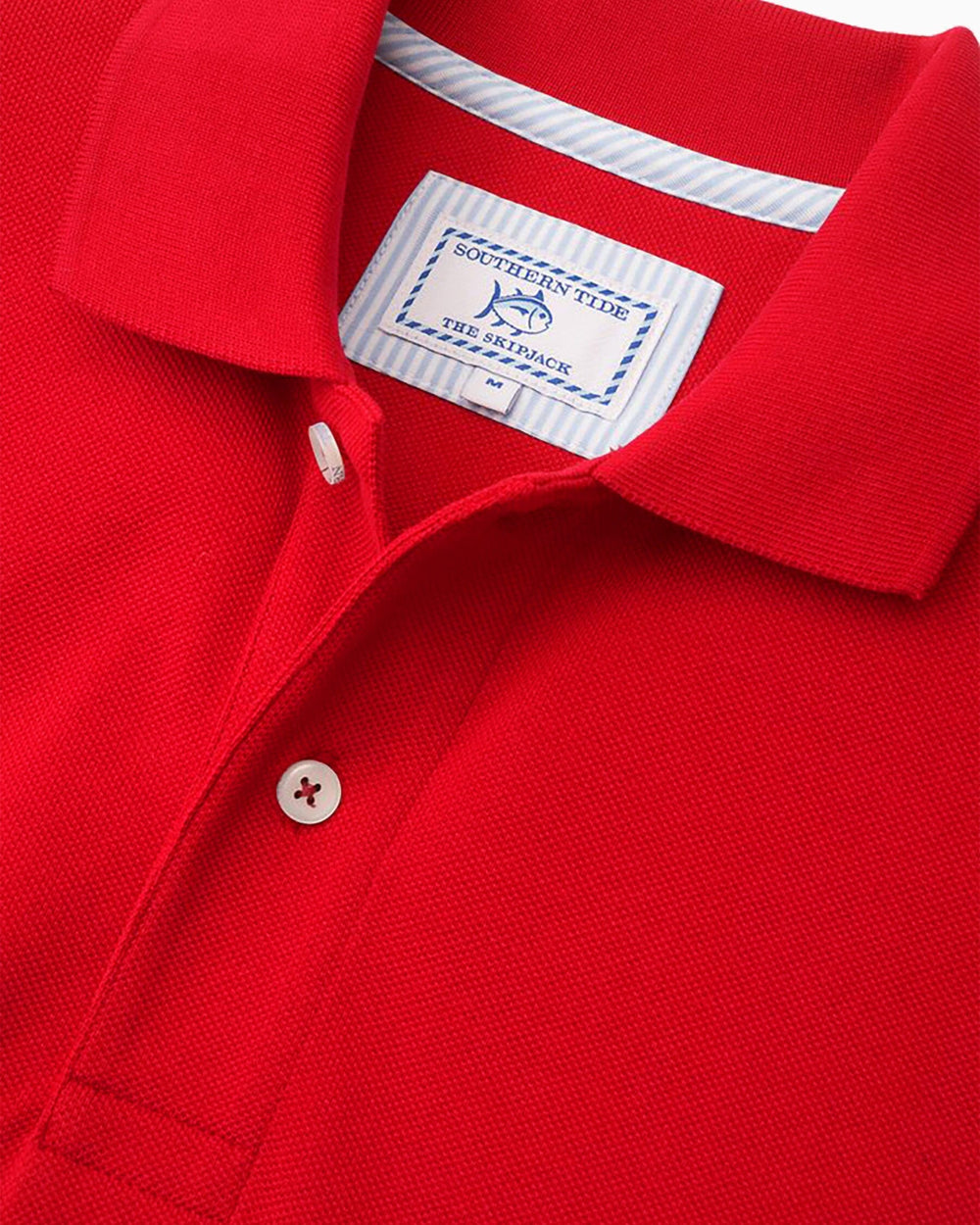 The detail view of the Men's Red Skipjack Gameday Colors Polo Shirt by Southern Tide - Varsity Red
