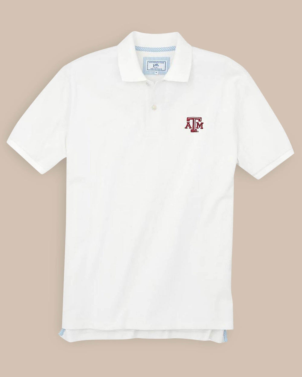 The front view of the Men's White Texas A&M Aggies Pique Polo Shirt by Southern Tide - Classic White