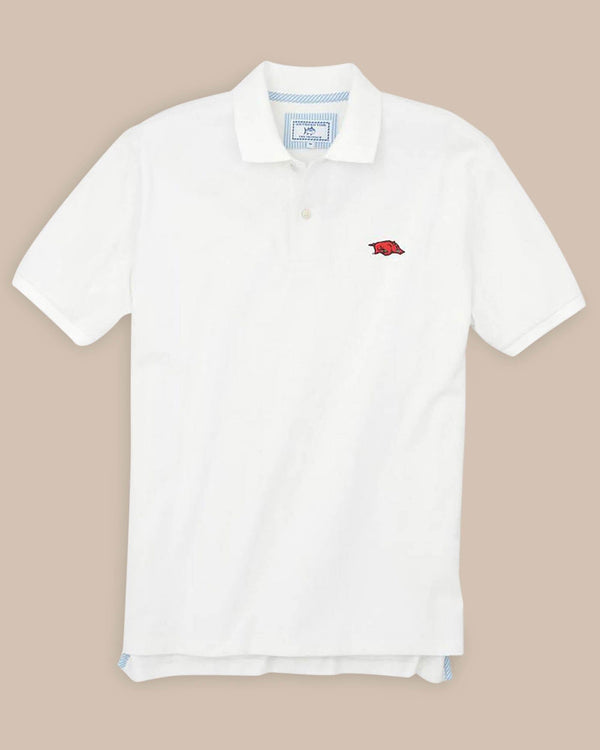 The front view of the Men's White Arkansas Razorbacks Pique Polo Shirt by Southern Tide - Classic White