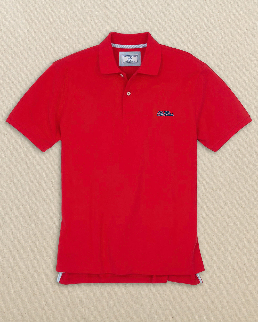 The front view of the Southern Tide Ole Miss Rebels Pique Polo Shirt by Southern Tide - Varsity Red