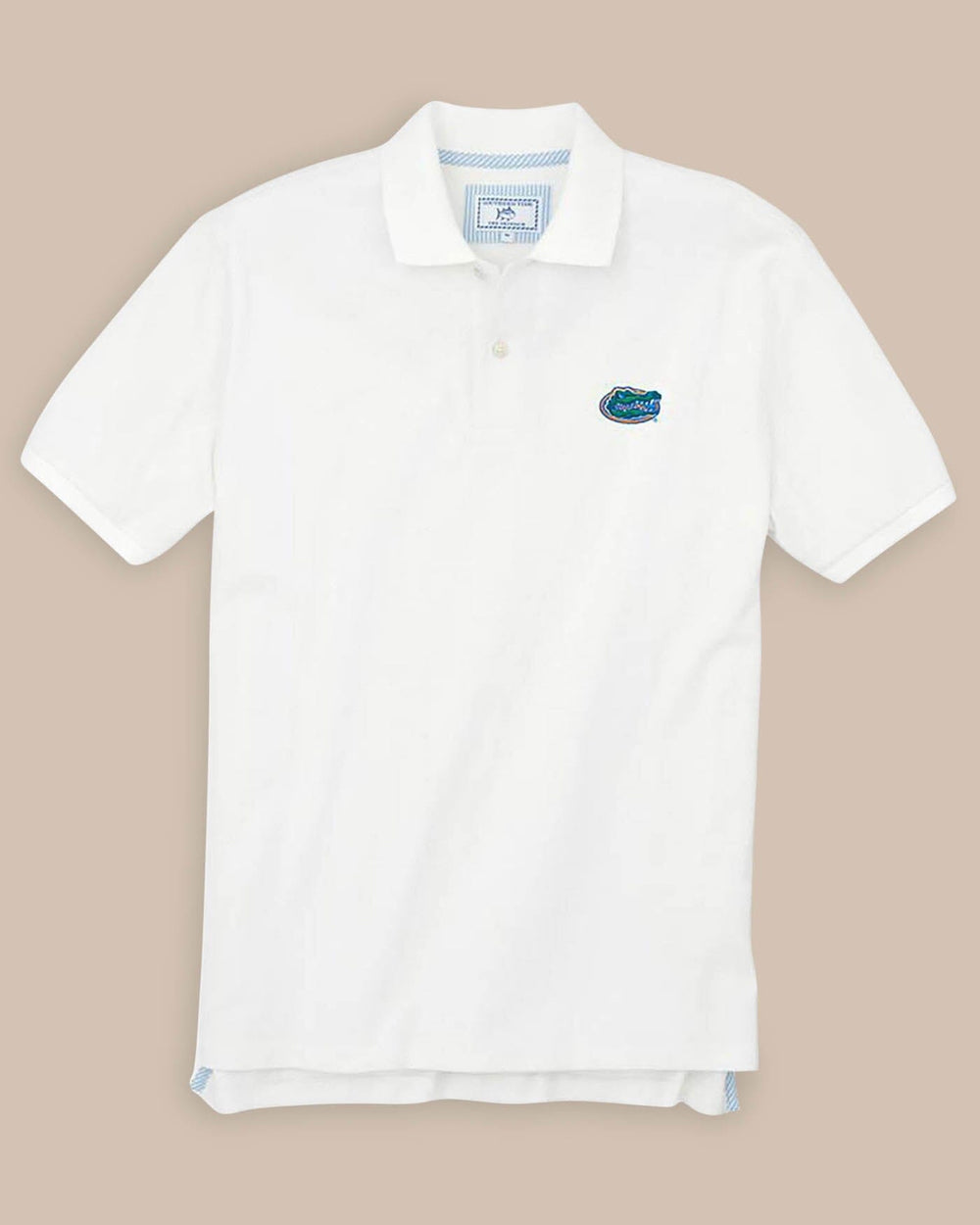 The front view of the Men's White Florida Gators Pique Polo Shirt by Southern Tide - Classic White