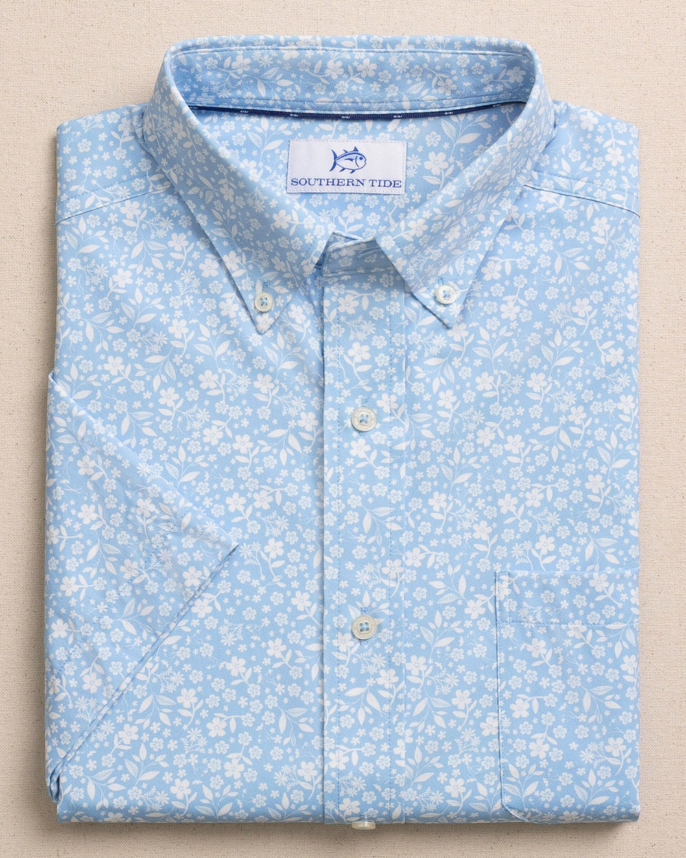 The front view of the Southern Tide Garden Blooms Coastal Breeze® Short Sleeve Sport Shirt by Southern Tide - Tide Blue