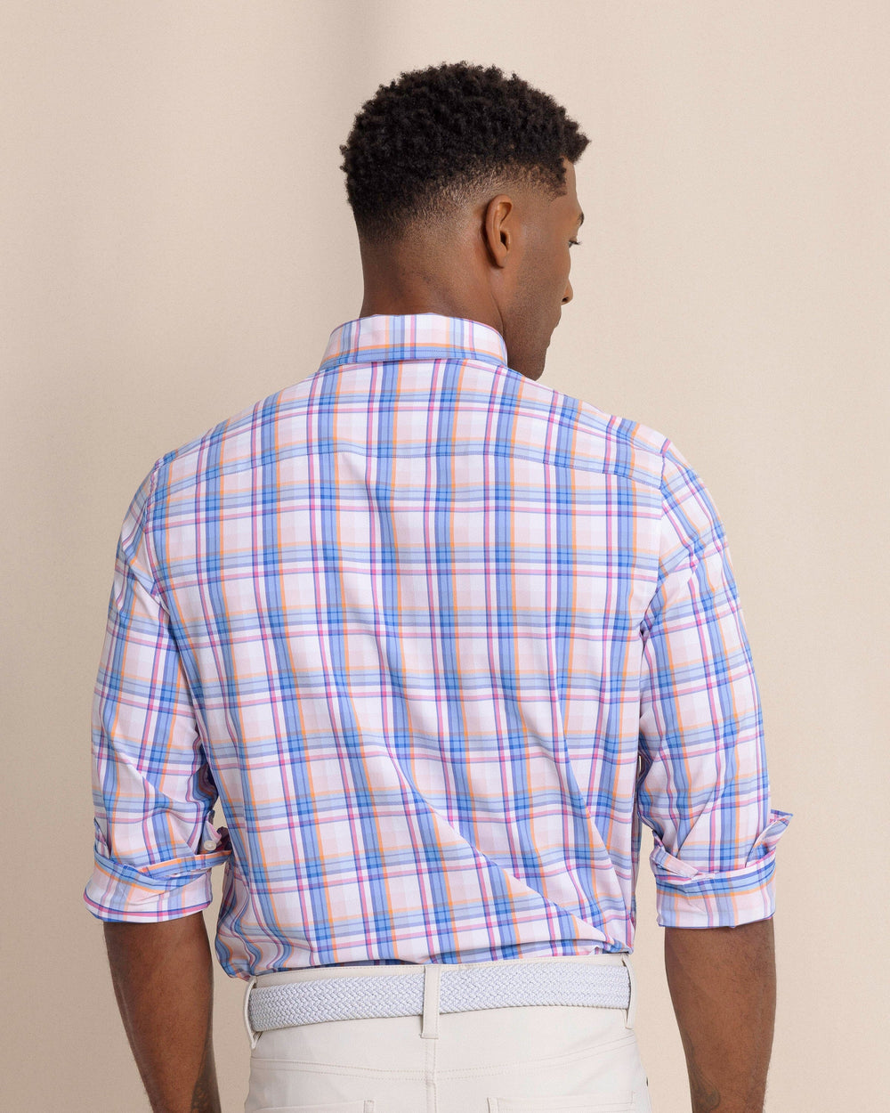 The back view of the Southern Tide Gaspee Plaid Intercoastal Sport Shirt by Southern Tide - Parfait Pink