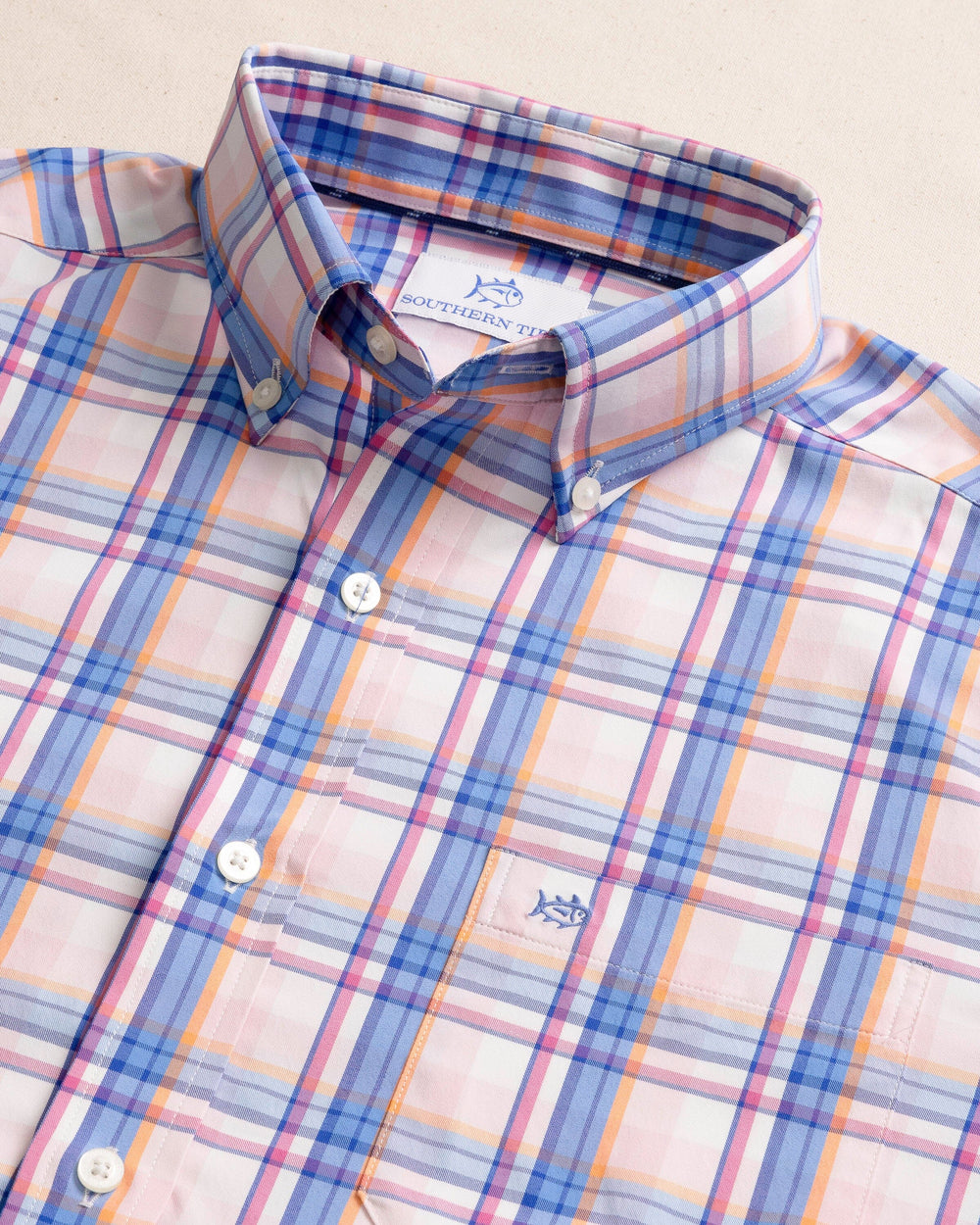 The detail view of the Southern Tide Gaspee Plaid Intercoastal Sport Shirt by Southern Tide - Parfait Pink