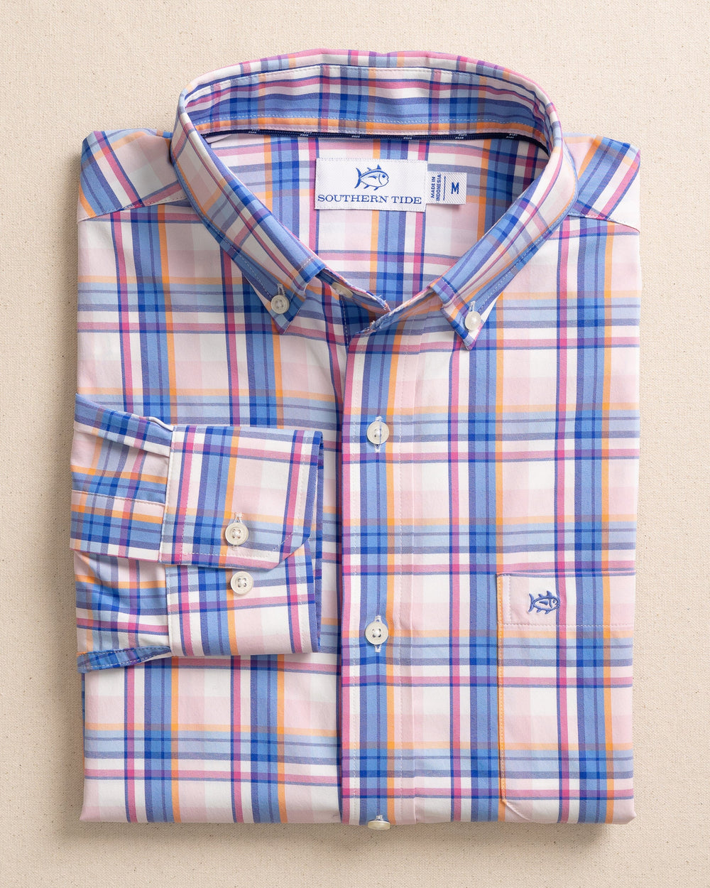 The front view of the Southern Tide Gaspee Plaid Intercoastal Sport Shirt by Southern Tide - Parfait Pink