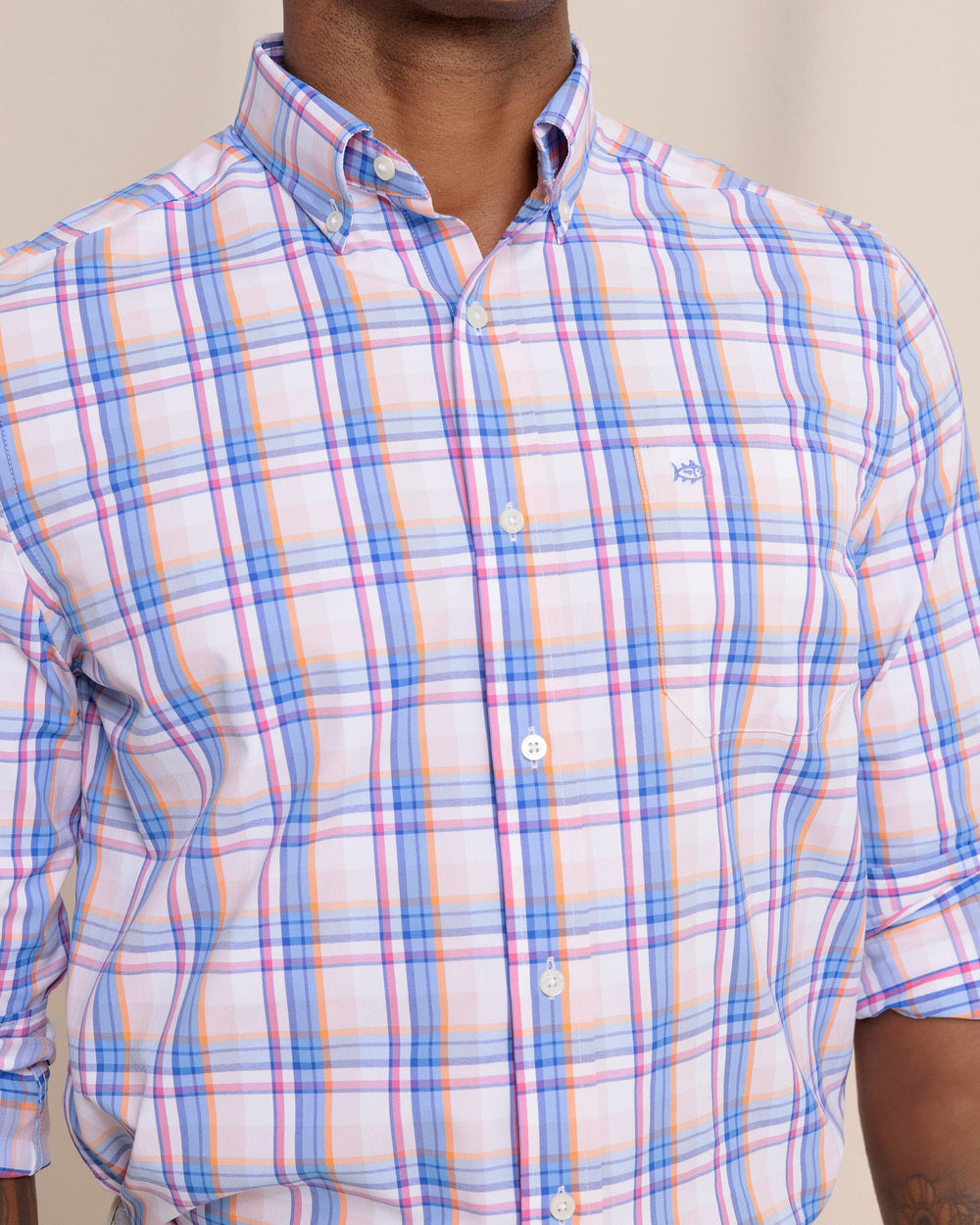 The front detail view of the Southern Tide Gaspee Plaid Intercoastal Sport Shirt by Southern Tide - Parfait Pink