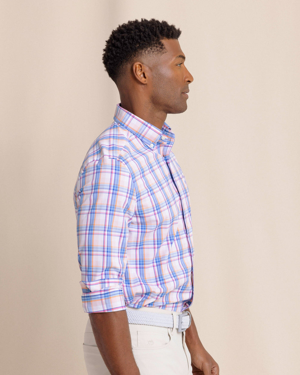 The side view of the Southern Tide Gaspee Plaid Intercoastal Sport Shirt by Southern Tide - Parfait Pink