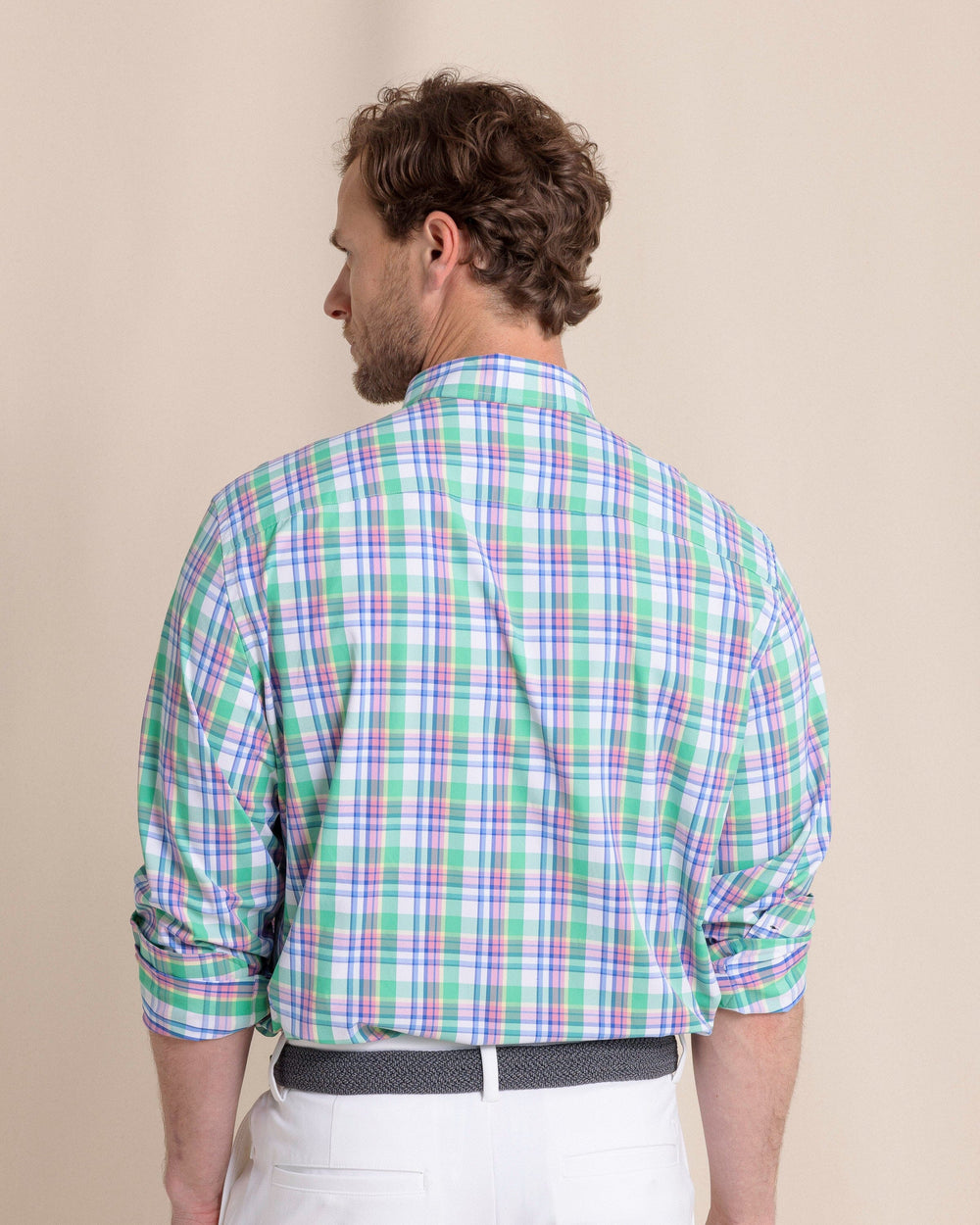 The back view of the Southern Tide Gaspee Plaid Intercoastal Sport Shirt by Southern Tide - Simply Green