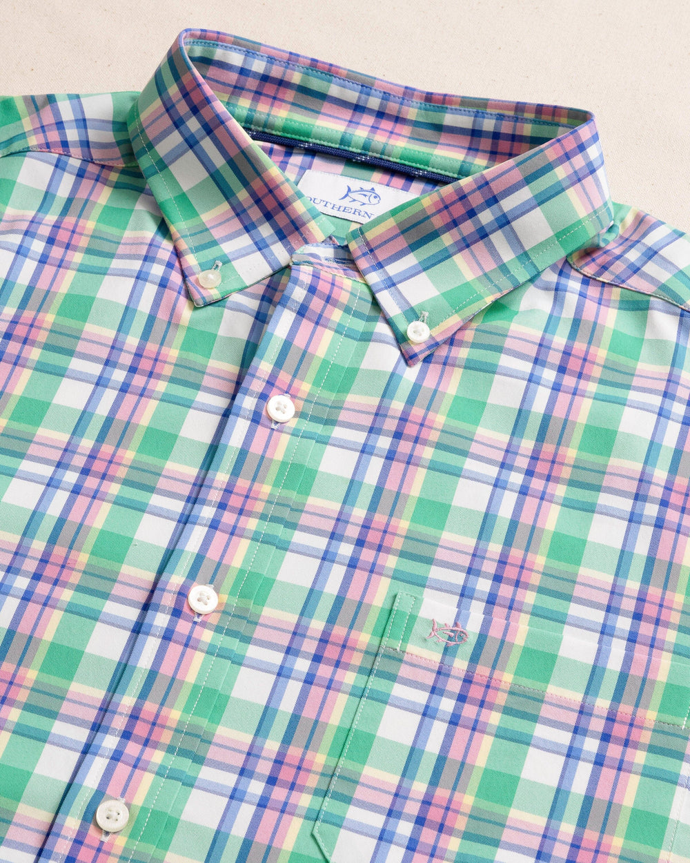 The detail view of the Southern Tide Gaspee Plaid Intercoastal Sport Shirt by Southern Tide - Simply Green